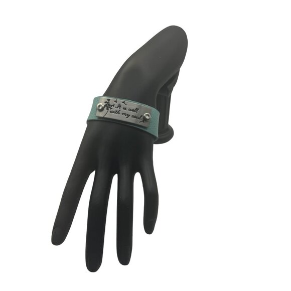 "It Is Well With My Soul" Leather Bracelet With Adjustable Chain Turquoise Blue - Picture 1 of 5